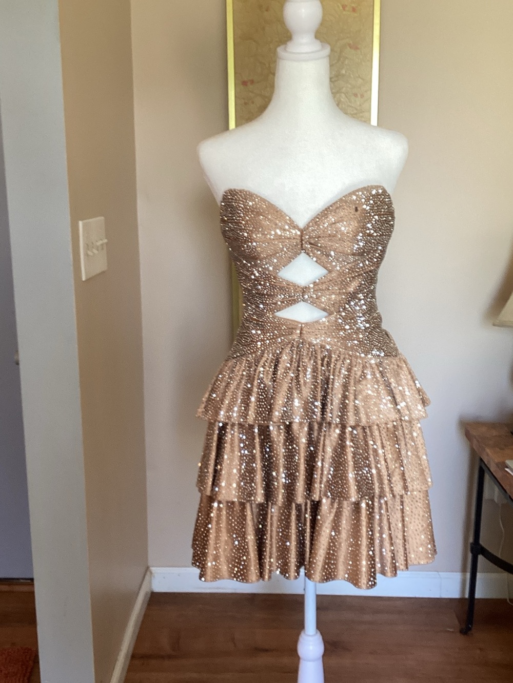 Sherri Hill Strapless Gold Sequin Tiered Cutout Dress